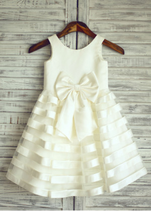 Ivory Satin Striped Organza Cute Flower Girl Dress